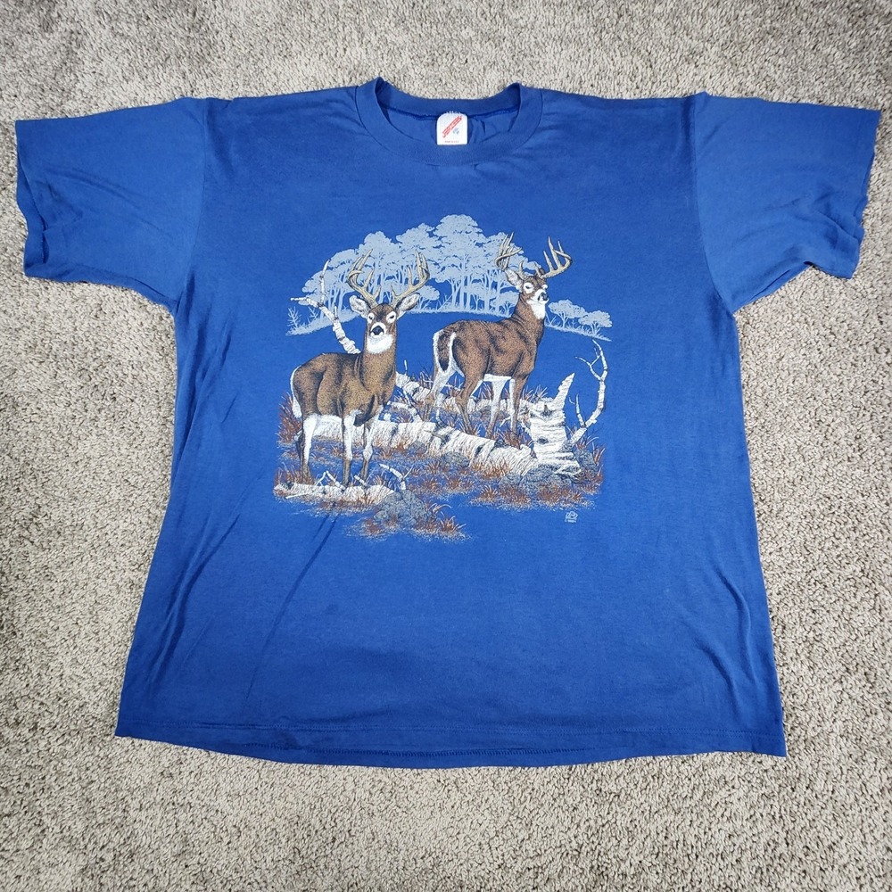 Vintage 90s Deer Nature Art Graphic T Shirt Jerzees Blue Animal Hunting Wildlife - Picture 2 of 13